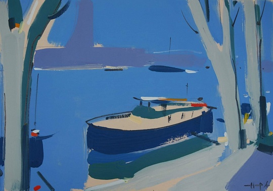 Картина баржи на Сене. Сумерки фото 1